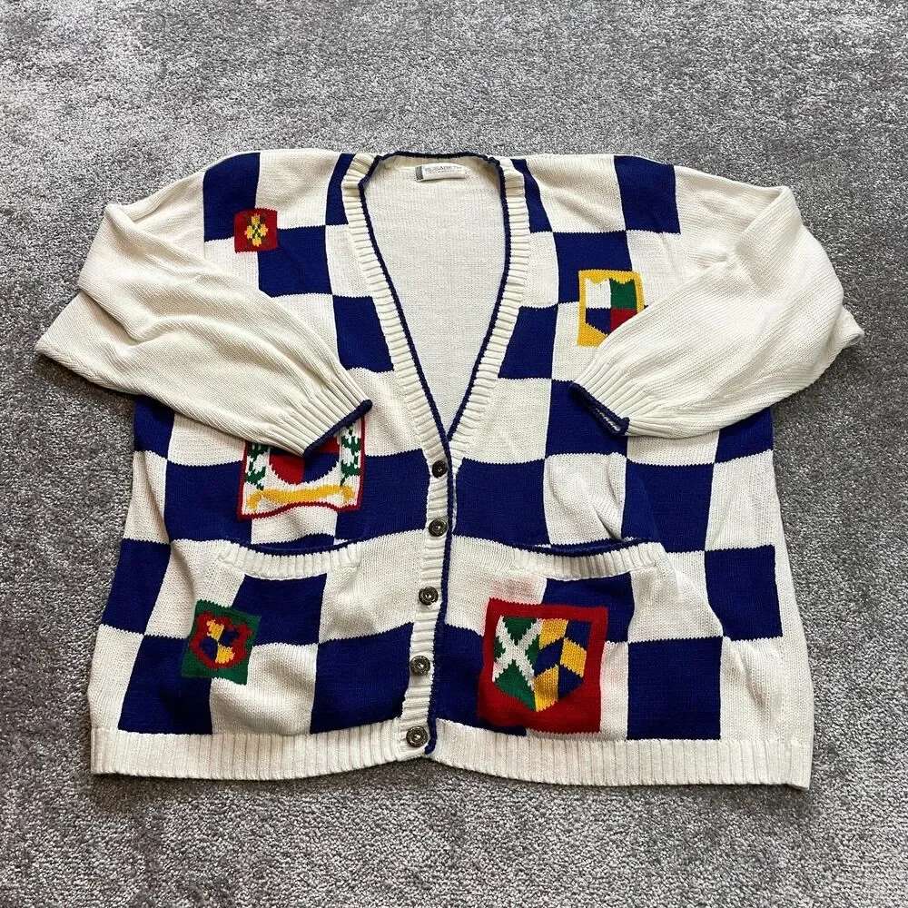 Elisabeth Liz Claiborne Cardigan Sweater Womens 3X White Blue Check Knit Vintage - Picture 1 of 13